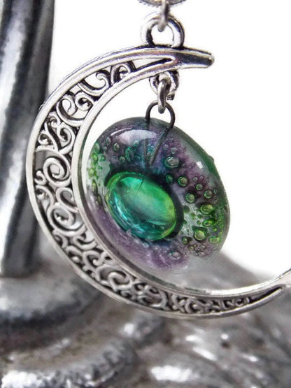 Green and purple moon long pendant Recycled glass. Crescent moon necklace. Magical jewelry.  Universe pendant. Eco-friendly jewelry