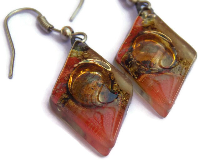 Diamond Shaped Red,Beige, coral and Brown Bubble Earrings Glass Earrings Drop earrings. Dangle earrings. Handmade jewelry