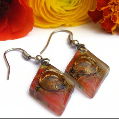 Diamond Shaped Red,Beige, coral and Brown Bubble Earrings Glass Earrings Drop earrings. Dangle earrings. Handmade jewelry