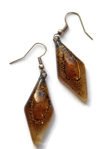 Diamond Shaped Recycled fused glass brown earrings. Long earrings. Glass Jewelry. Handmade glass earrings