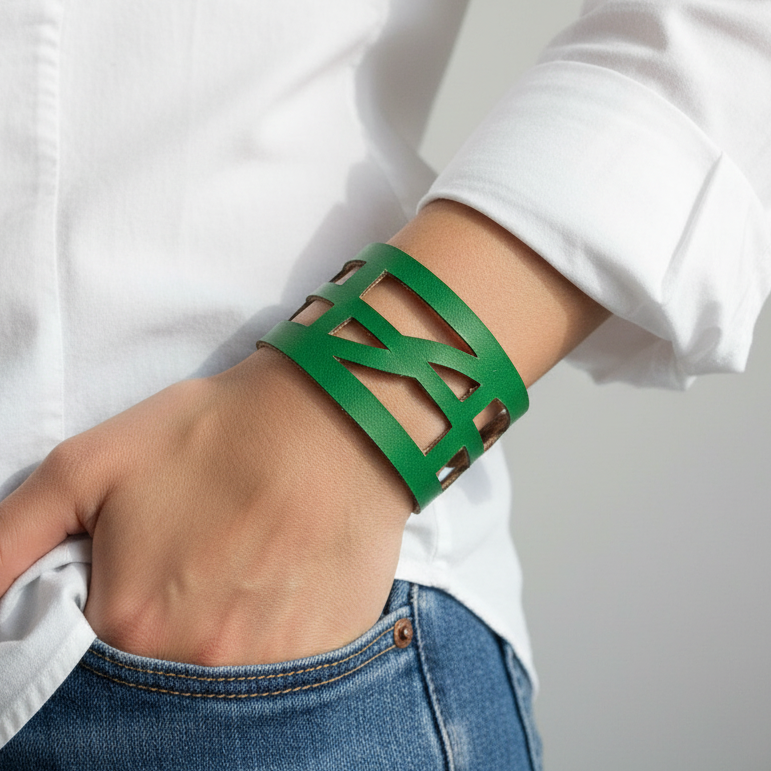 Green Leather "Self-Empowering" Wrist Band. Leather Cuff Bracelet.