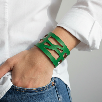 Green Leather "Self-Empowering" Wrist Band. Leather Cuff Bracelet.