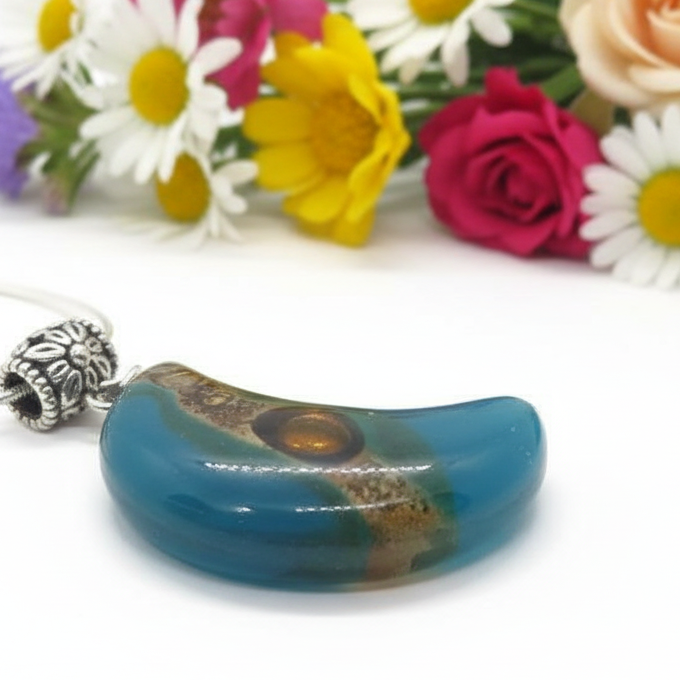 Teal and brown moon shape pendant. recycled Fused glass Necklace