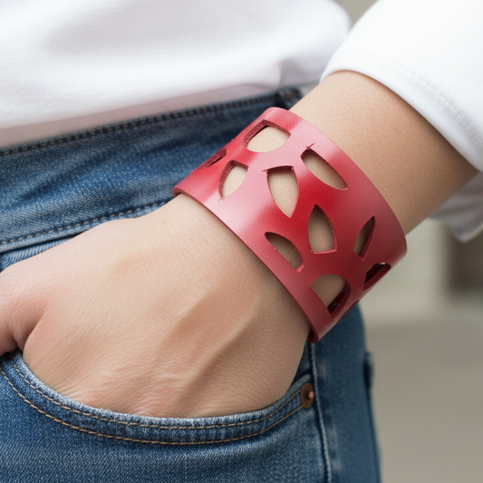 Red Sunflower Reclaimed Leather Cuff Bracelet. Repurposed Leather wrist Band