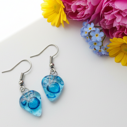 Small heart shapped blue fused glass drop Earrings. Turquoise Recycles Glass dangle Earrings.
