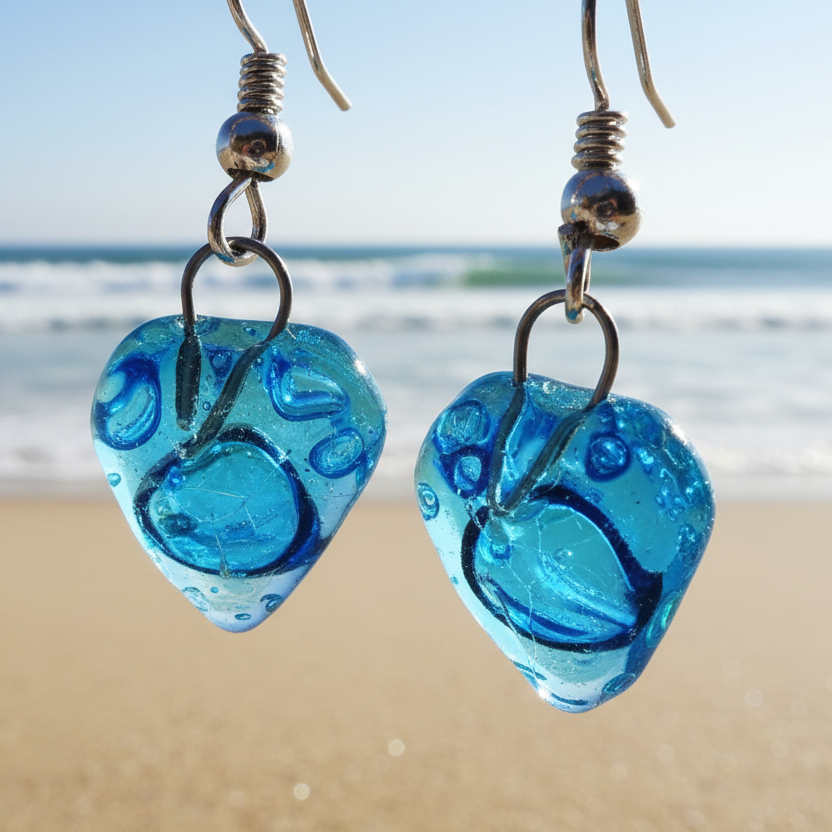Small heart shapped blue fused glass drop Earrings. Turquoise Recycles Glass dangle Earrings.