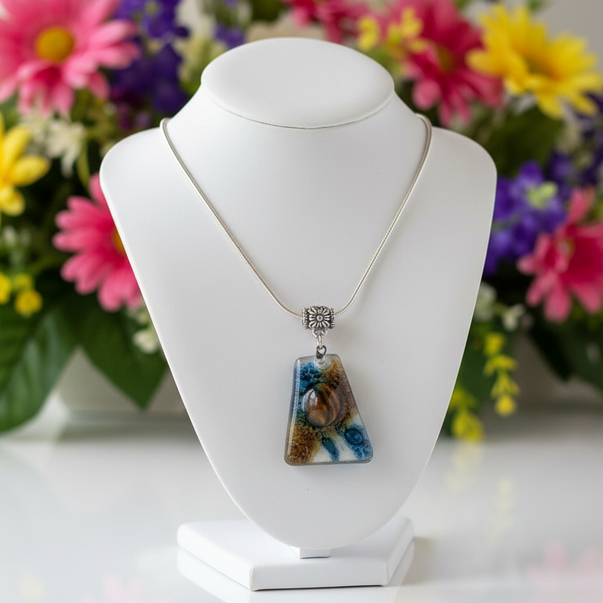 White brown and blue Pendant. Recycled GLass necklace.