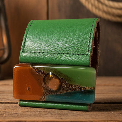 Leather and Glass Cuff Bracelet!! Recycled fused glass wide leather bracelet