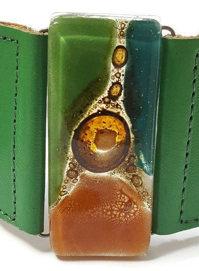 Leather and Glass Cuff Bracelet!! Recycled fused glass wide leather bracelet