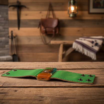 Leather and Glass Cuff Bracelet!! Recycled fused glass wide leather bracelet