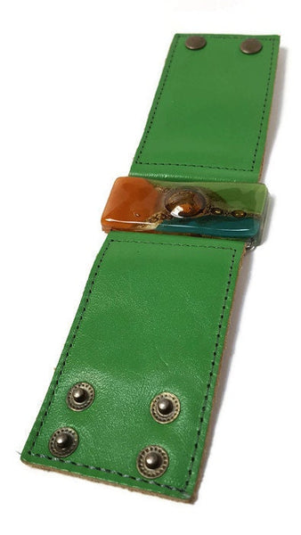 Leather and Glass Cuff Bracelet!! Recycled fused glass wide leather bracelet