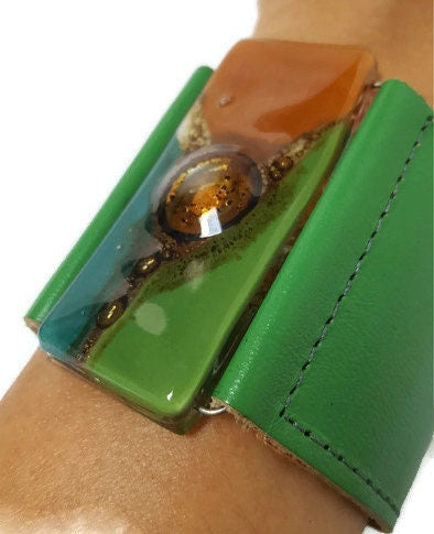 Leather and Glass Cuff Bracelet!! Recycled fused glass wide leather bracelet