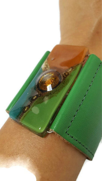 Leather and Glass Cuff Bracelet!! Recycled fused glass wide leather bracelet