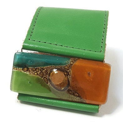 Leather and Glass Cuff Bracelet!! Recycled fused glass wide leather bracelet