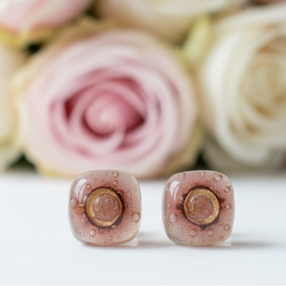 Small Post pink and brown Earrings. Fused Glass Studs. Recycled Glass jewelry. Stud earrings