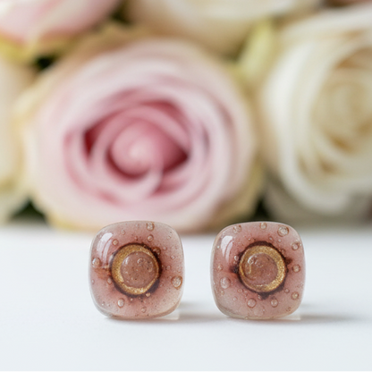 Small Post pink and brown Earrings. Fused Glass Studs. Recycled Glass jewelry. Stud earrings
