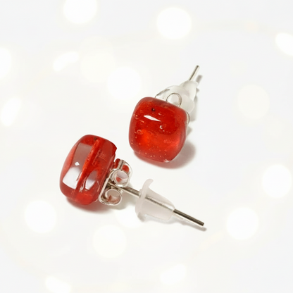 Small Post red Earrings. Fused Glass Studs. Recycled Glass jewelry. Stud earrings