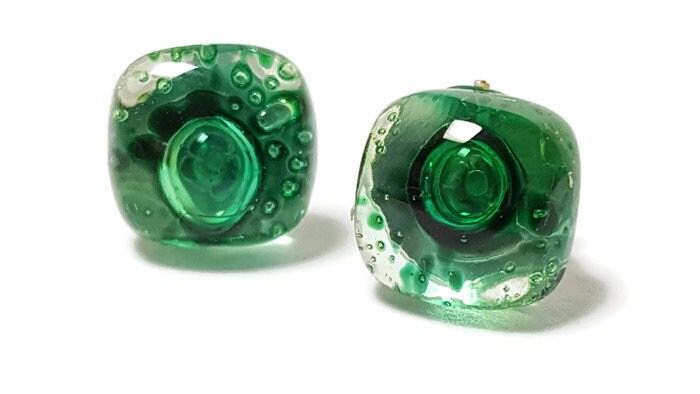 Post Earrings. Recycled glass Earrings. Green Earrings Studs