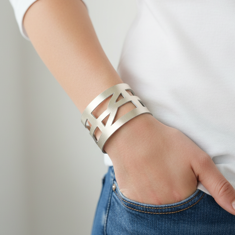 Silver color Leather "Self Empowering" Cuff bracelet. Reclaimed Leather Band.