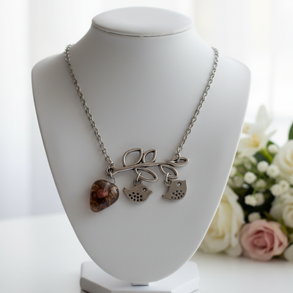 Family pendant. Bird pendant. Recycled Fused Glass necklace. Brown and Copper color heart shape bead