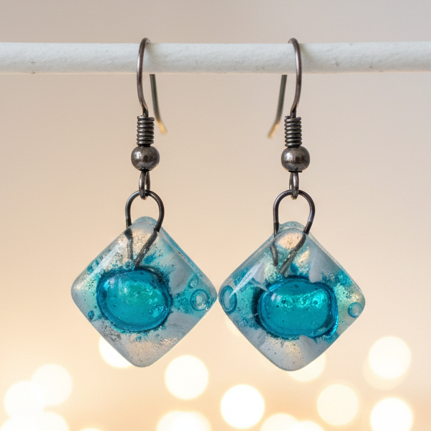Small Turquoise and white Fused Glass Earrings. Recycled glass small square earrings