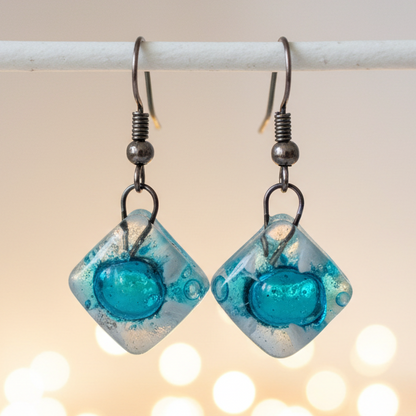 Small Turquoise and white Fused Glass Earrings. Recycled glass small square earrings