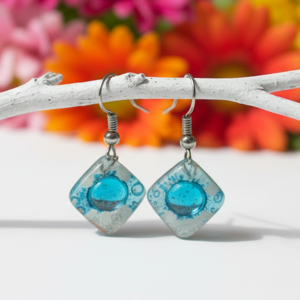 Small Turquoise and white Fused Glass Earrings. Recycled glass small square earrings