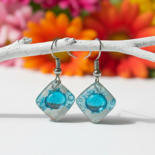 Small Turquoise and white Fused Glass Earrings. Recycled glass small square earrings