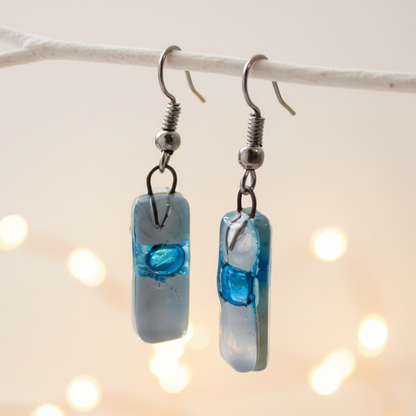 Small White and Turquoise Fused Glass Earrings