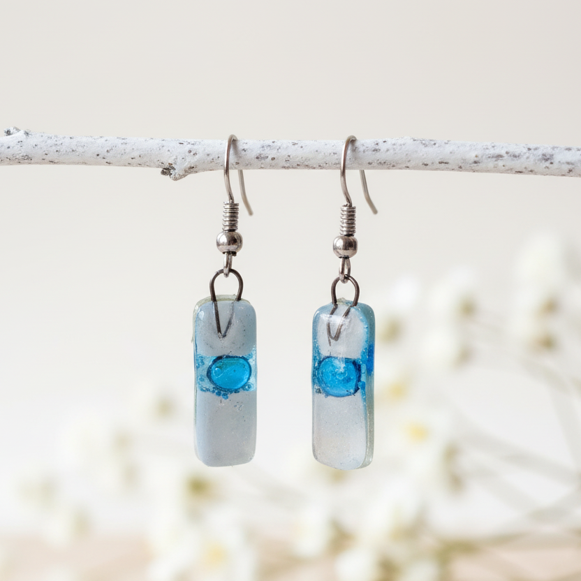 Small White and Turquoise Fused Glass Earrings