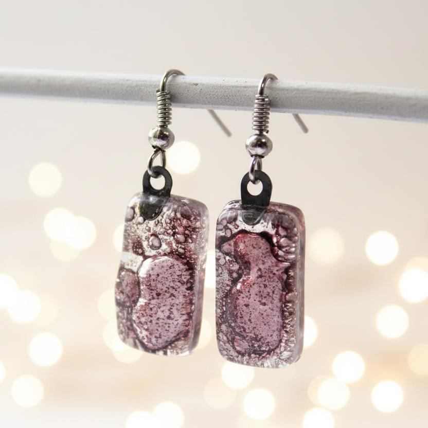 Fused Glass earrings. Purply Bubbly color recycled Glass Earrings. Small Bars dangle earrings