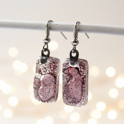 Fused Glass earrings. Purply Bubbly color recycled Glass Earrings. Small Bars dangle earrings