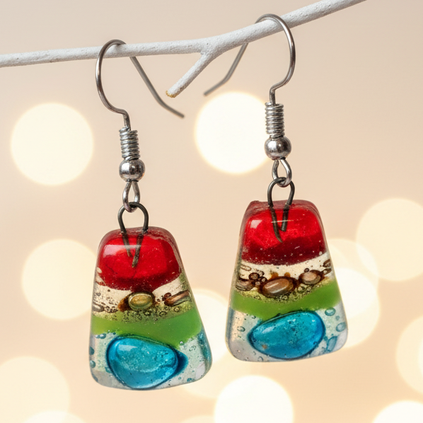 Rainbow Fused Glass dangle Earring. Red, turquoise, green and brown Drop Earrings. Glass Art