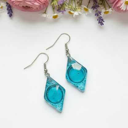 Aqua, turquoise diamond shaped recycled fused Glass Earrings. Glass drop Earrings.
