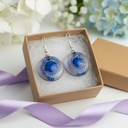 Round Lilac and Blue Dangle earrings. Recycled Fused Glass Drop Earrings. Dangle Earrings