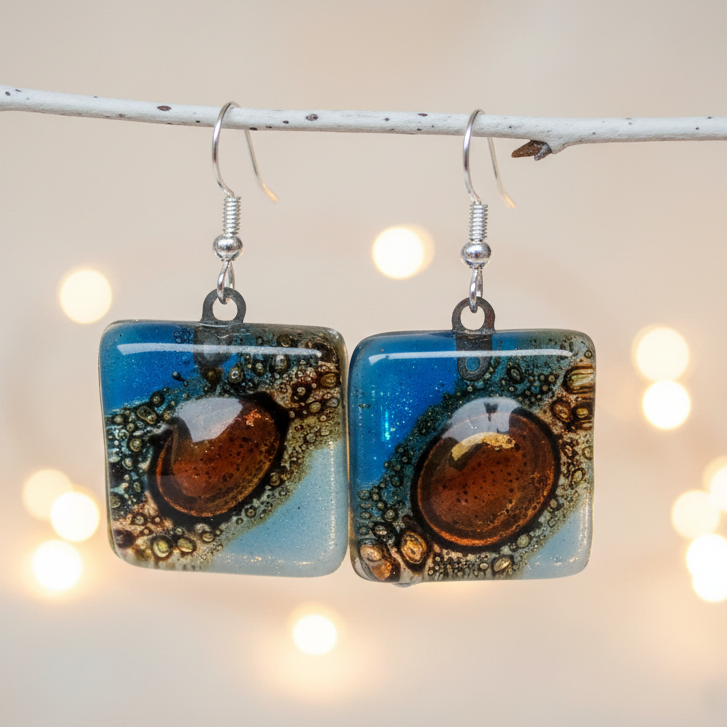 Blue, Baby Blue and Brown fused Glass Earrings. Recycled Glass dangle Earrings. Drop Earrings