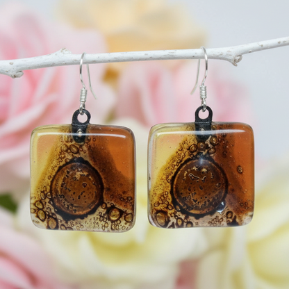 Earthy tones, White, beige, terracotta  and Brown Square Fused Glass earrings