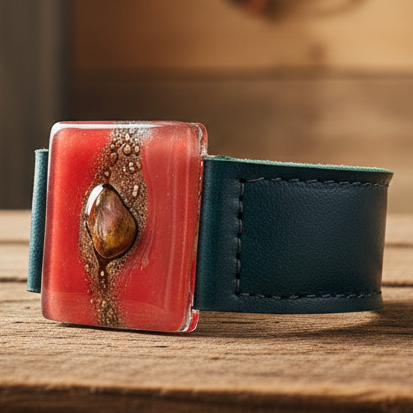 Red Recycled  GLass and Dark Green Thin Leather Cuff Bracelet.