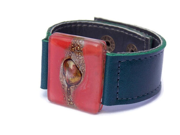 Red Recycled  GLass and Dark Green Thin Leather Cuff Bracelet.