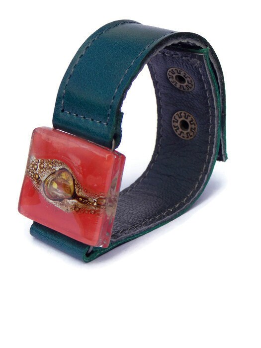 Red Recycled  GLass and Dark Green Thin Leather Cuff Bracelet.