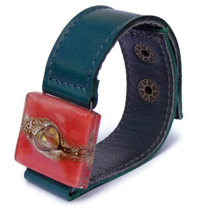 Red Recycled  GLass and Dark Green Thin Leather Cuff Bracelet.