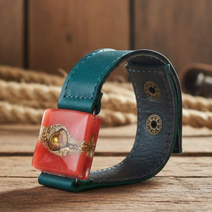 Red Recycled  GLass and Dark Green Thin Leather Cuff Bracelet.