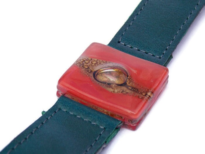 Red Recycled  GLass and Dark Green Thin Leather Cuff Bracelet.