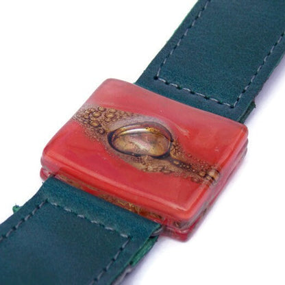 Red Recycled  GLass and Dark Green Thin Leather Cuff Bracelet.