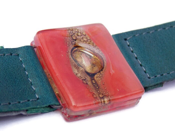 Red Recycled  GLass and Dark Green Thin Leather Cuff Bracelet.