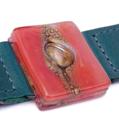Red Recycled  GLass and Dark Green Thin Leather Cuff Bracelet.