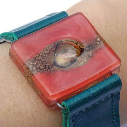 Red Recycled  GLass and Dark Green Thin Leather Cuff Bracelet.