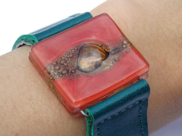 Red Recycled  GLass and Dark Green Thin Leather Cuff Bracelet.