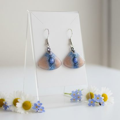 Handmade fused glass drop earrings, Pink and Blue fan shape Recycled dangle earrings.