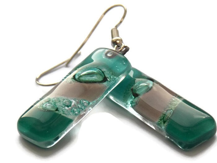 Dangle Earrings Green earrings. Green ans Taupe  Recycled Fused Glass Drop earrings.